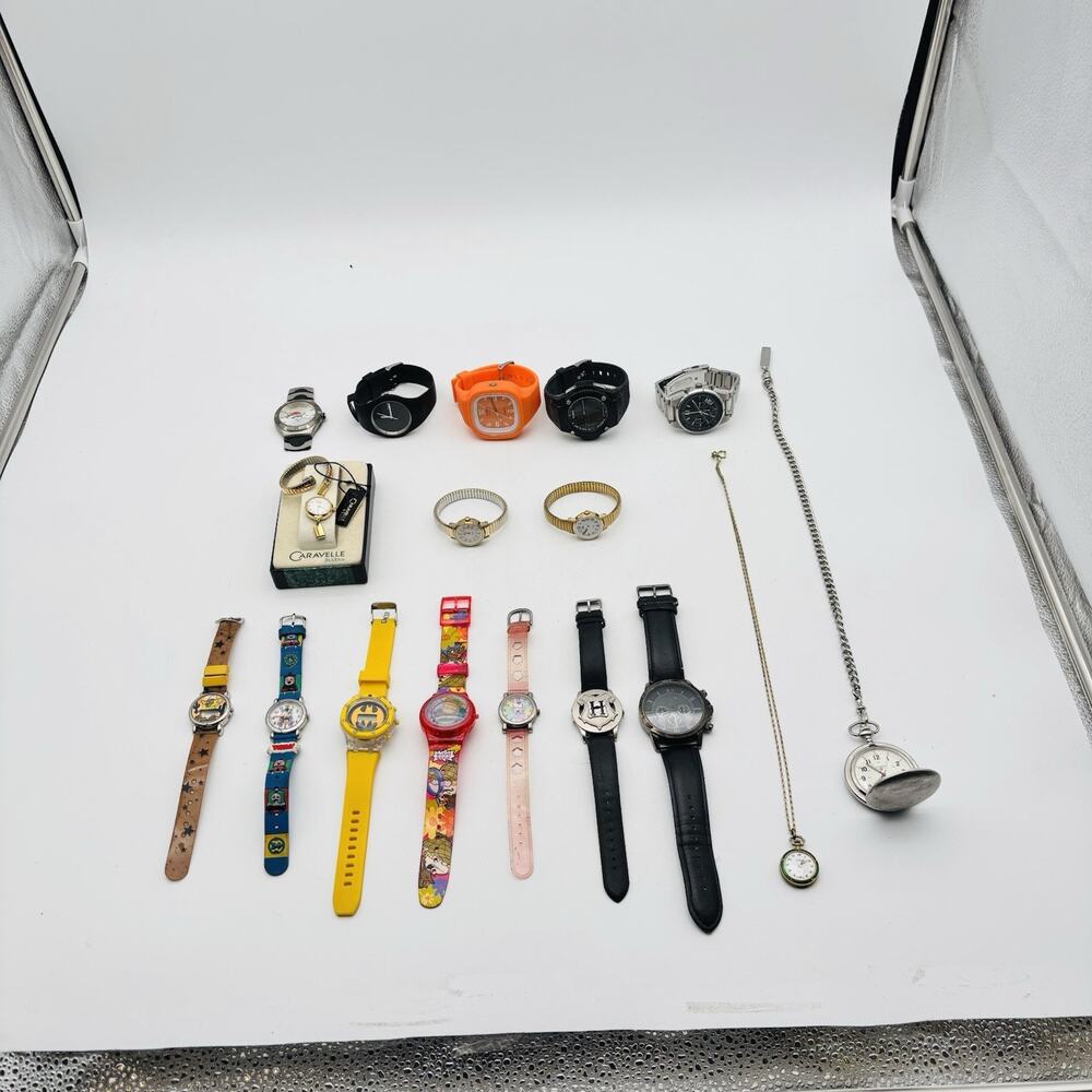 Vintage Watches Lot Of 17 As-Is Sponge Bob Thomas Timex Caravelle Hanowa Rugrats
